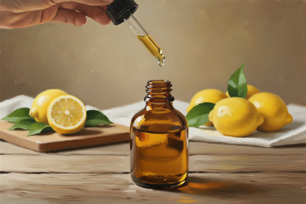 oil dropper dropping essential oil into an amber colored bottle with lemon in the background
