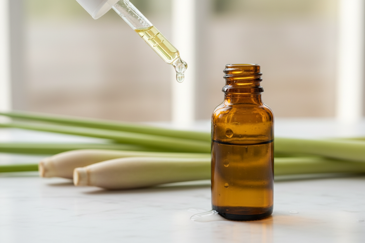 oil dropper dropping essential oil into an amber colored bottle with lemongrass in the background