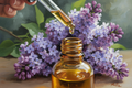 oil dropper dropping essential oil into an amber colored bottle with lilac in the background