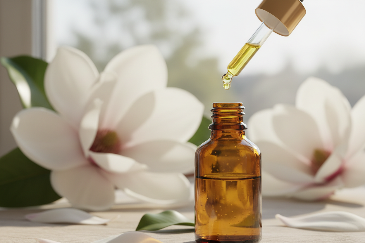 oil dropper dropping essential oil into an amber colored bottle with magnolia in the background
