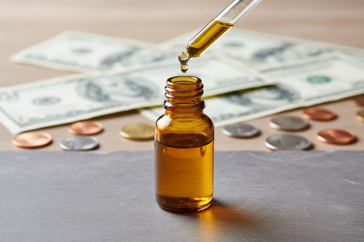 oil dropper dropping essential oil into an amber colored bottle with money in the background