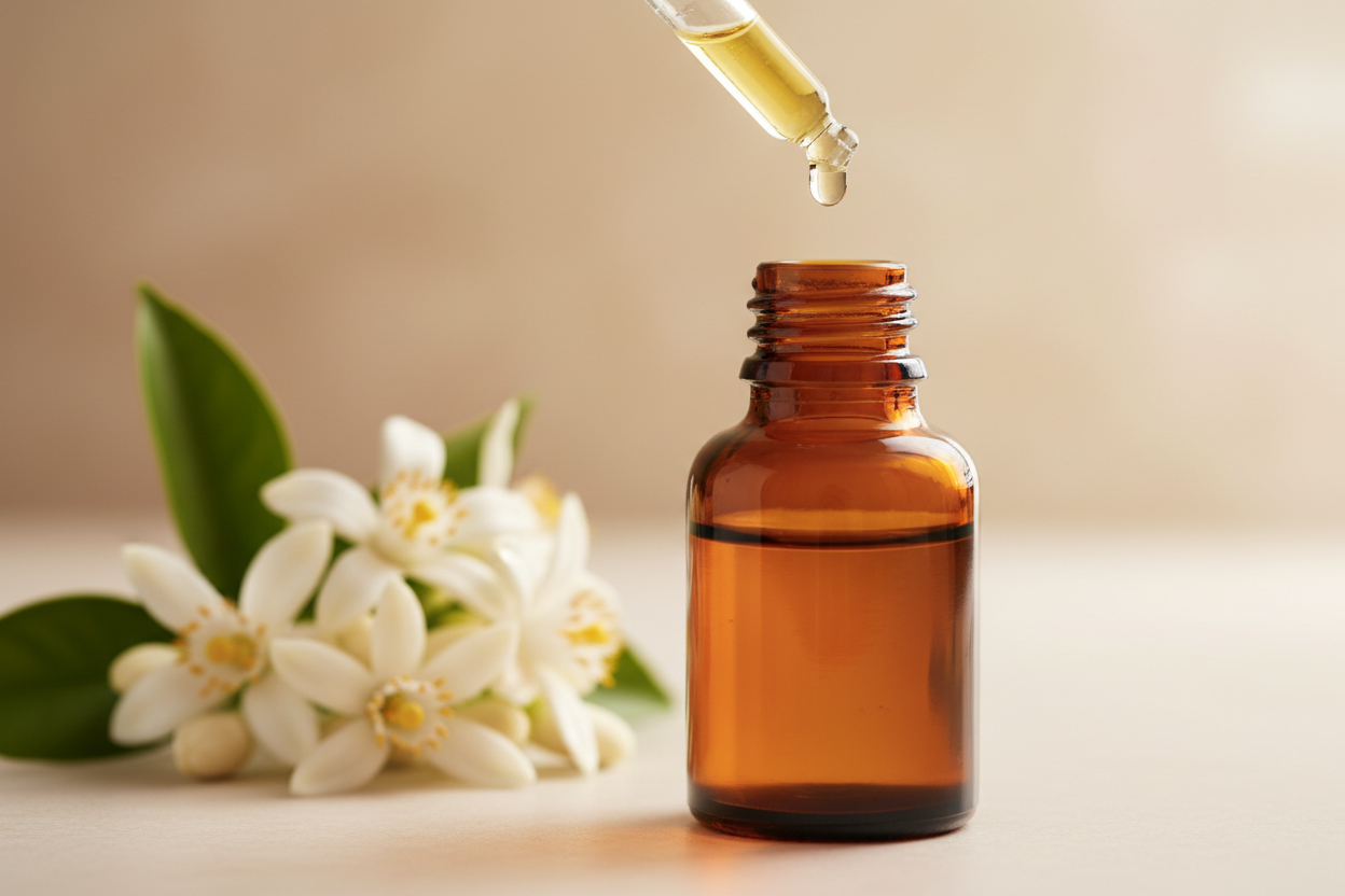 oil dropper dropping essential oil into an amber colored bottle with Neroli in the background 