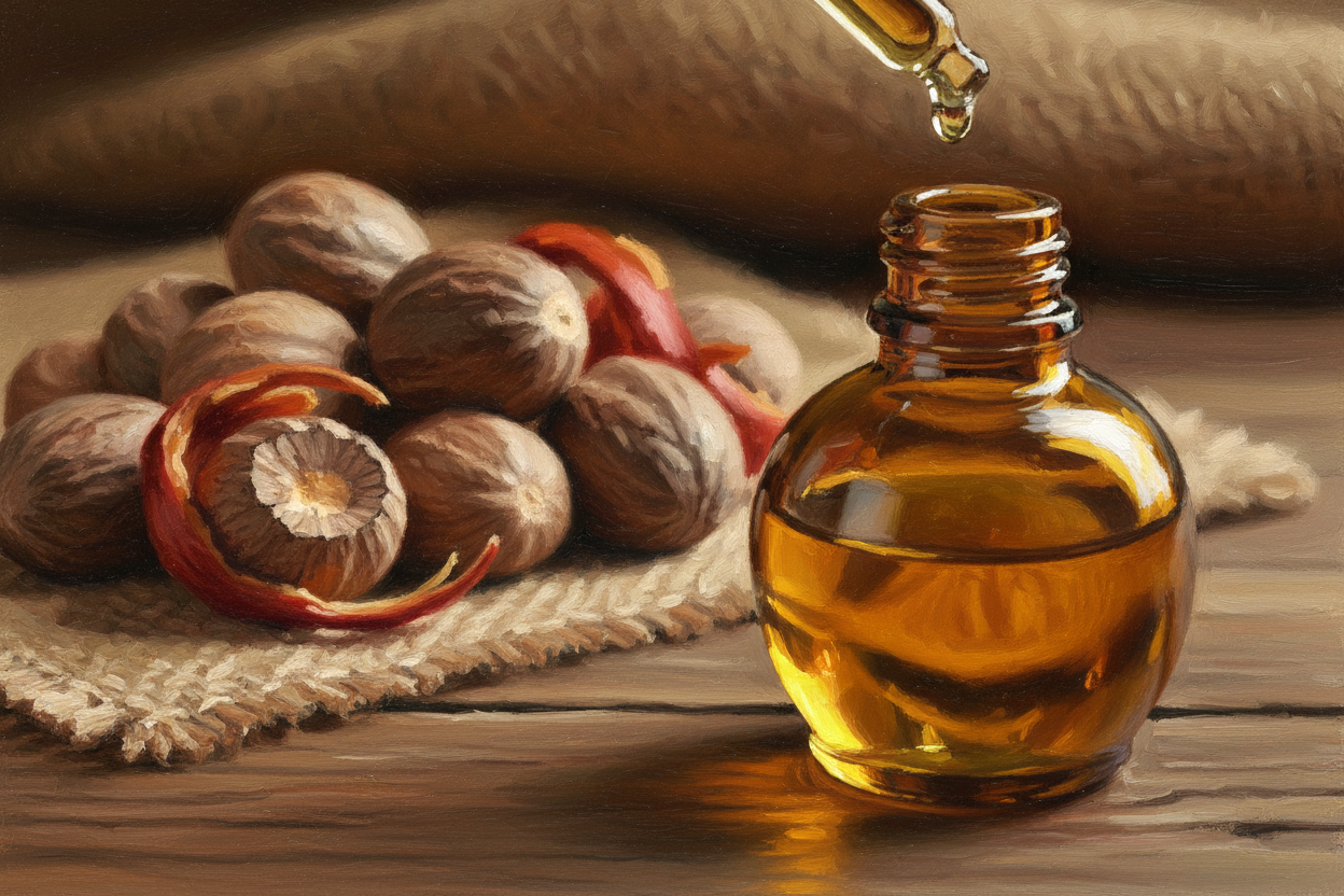 oil dropper dropping essential oil into an amber colored bottle with nutmeg in the background