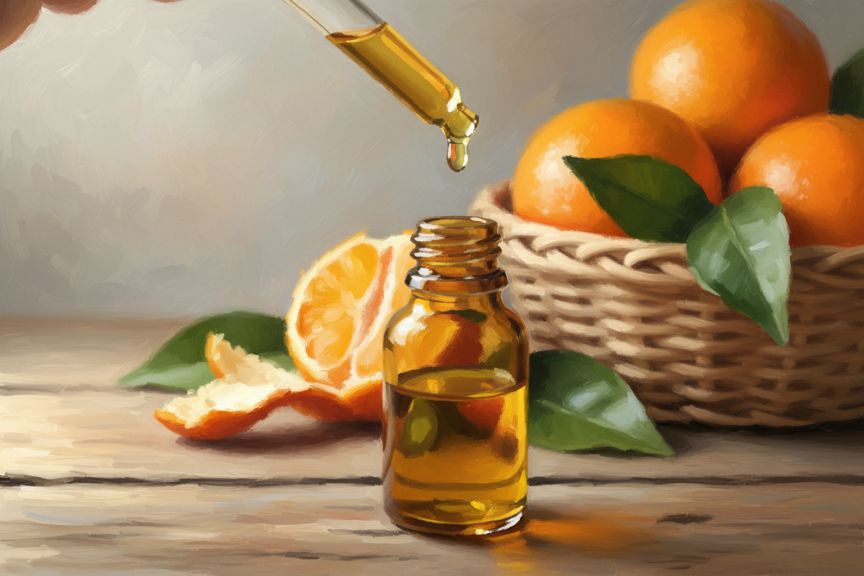 oil dropper dropping essential oil into an amber colored bottle with oranges in the background