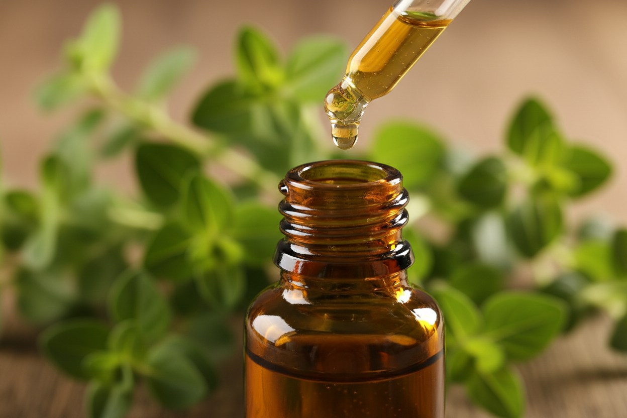 oil dropper dropping essential oil into an amber colored bottle with oregano in the background