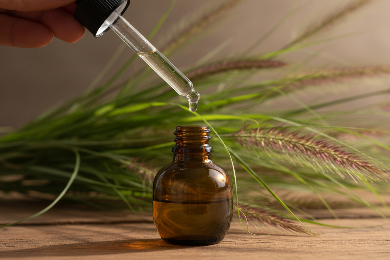 oil dropper dropping essential oil into an amber colored bottle with palmarosa in the background