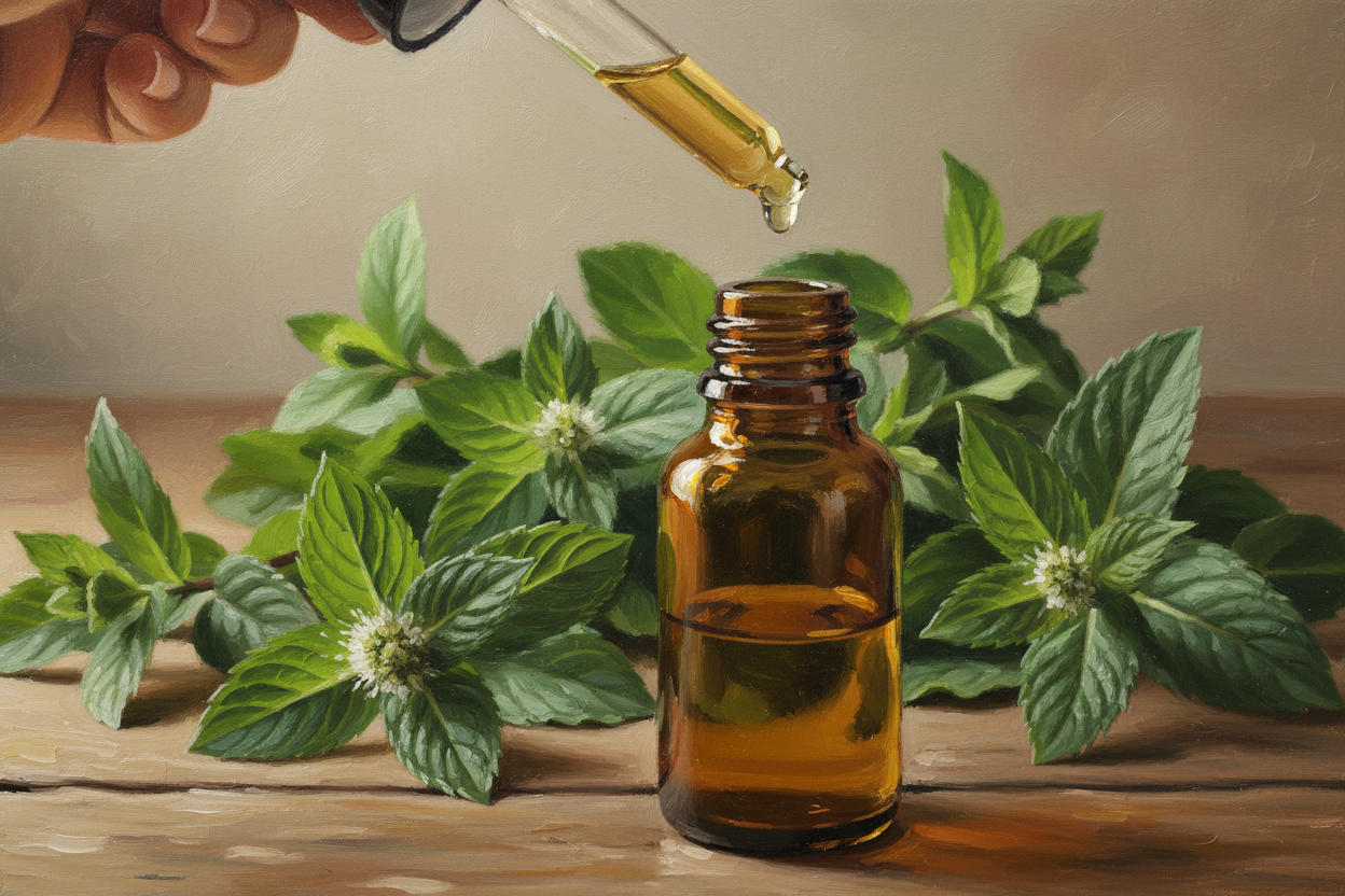 oil dropper dropping essential oil into an amber colored bottle with peppermint in the background