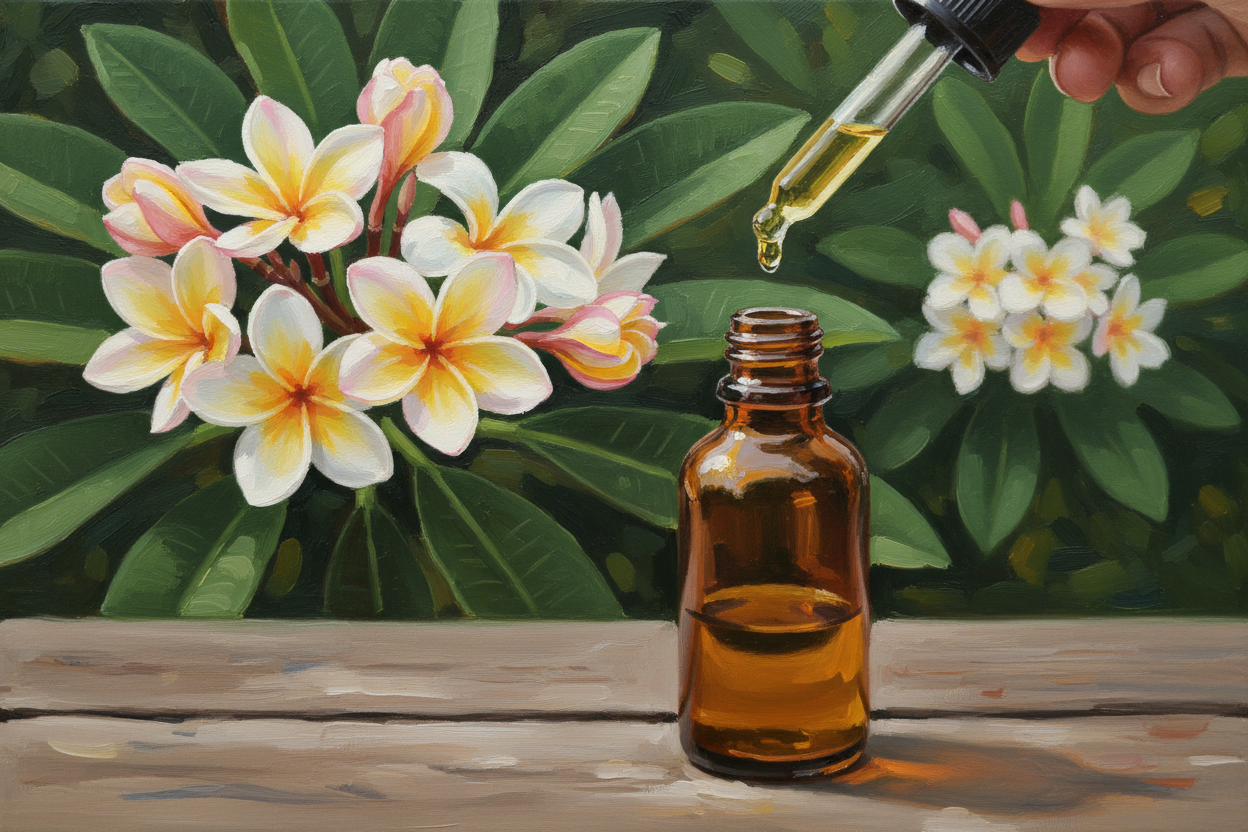 oil dropper dropping essential oil into an amber colored bottle with plumeria in the background