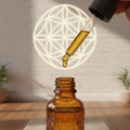 oil dropper dropping essential oil into an amber colored bottle with protection symbol in the background