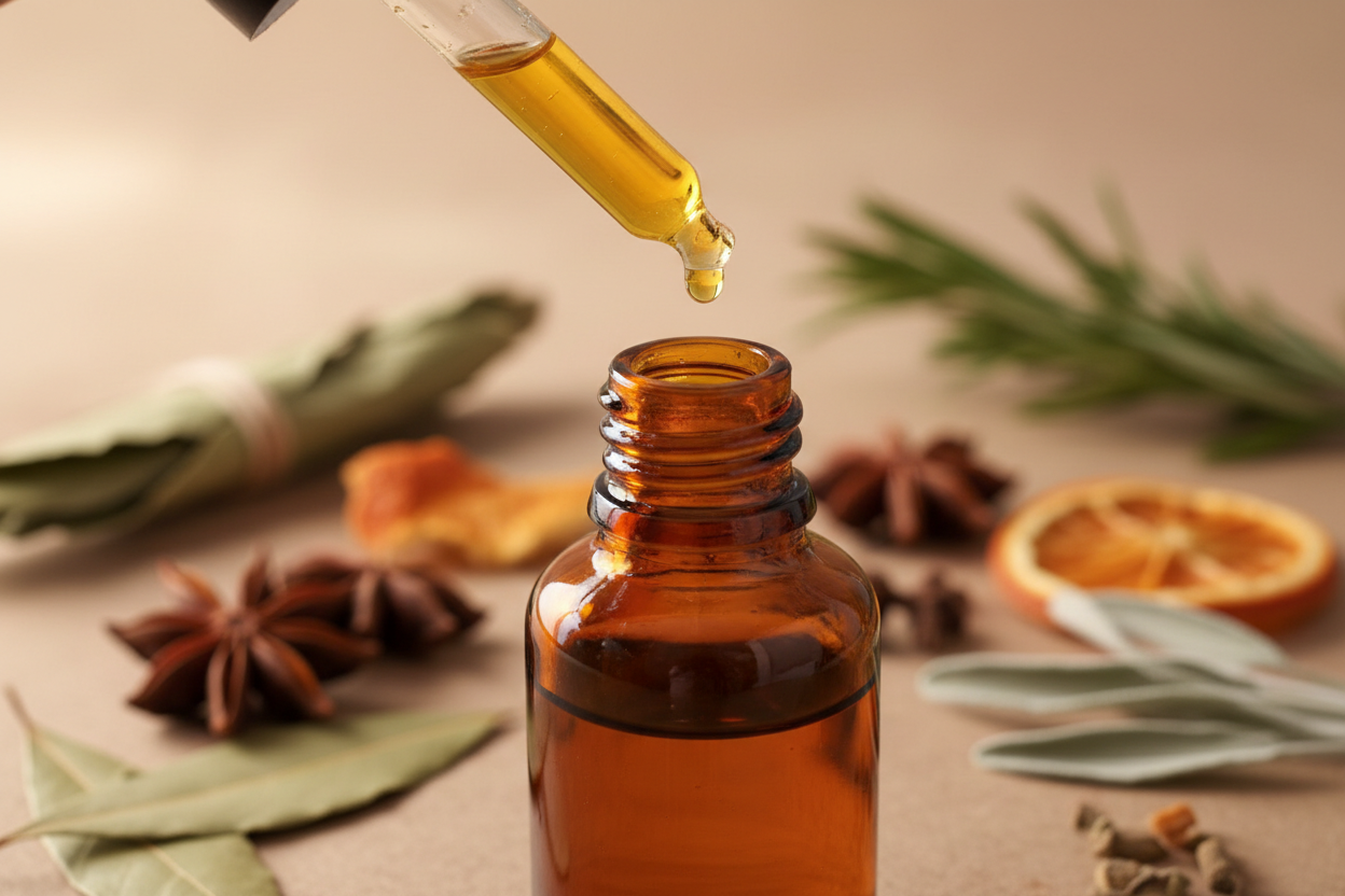 oil dropper dropping essential oil into an amber colored bottle with road opener in the background