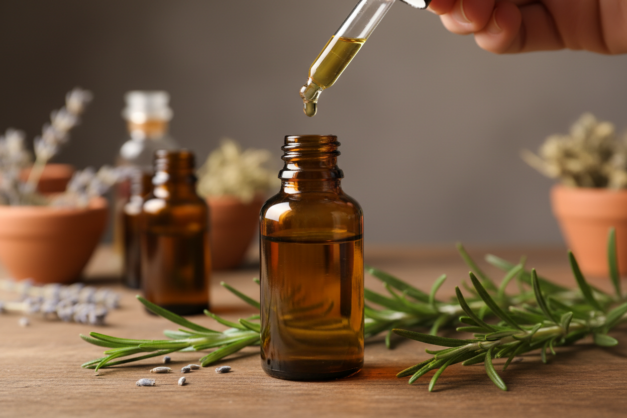 oil dropper dropping essential oil into an amber colored bottle with rosemary in the background