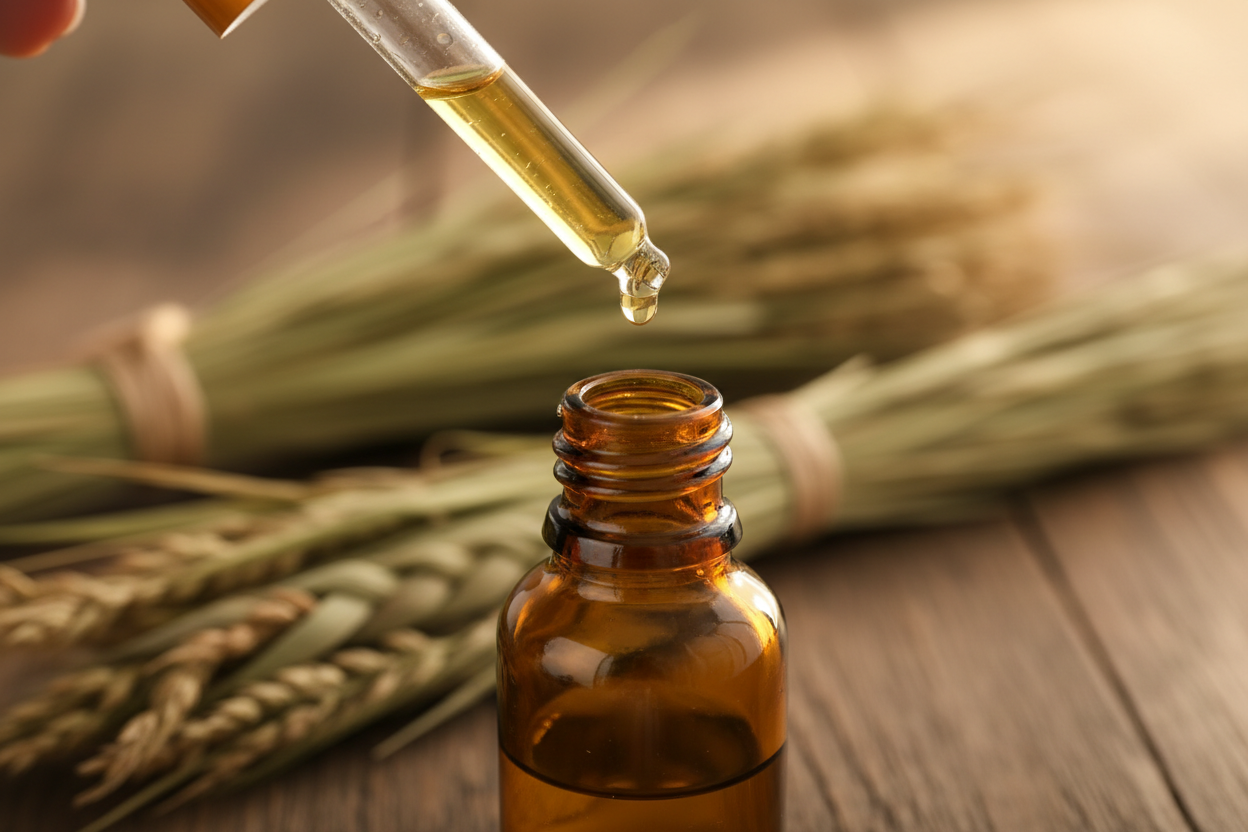 oil dropper dropping essential oil into an amber colored bottle with sweetgrass in the background