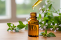 oil dropper dropping essential oil into an amber colored bottle with verbena in the background
