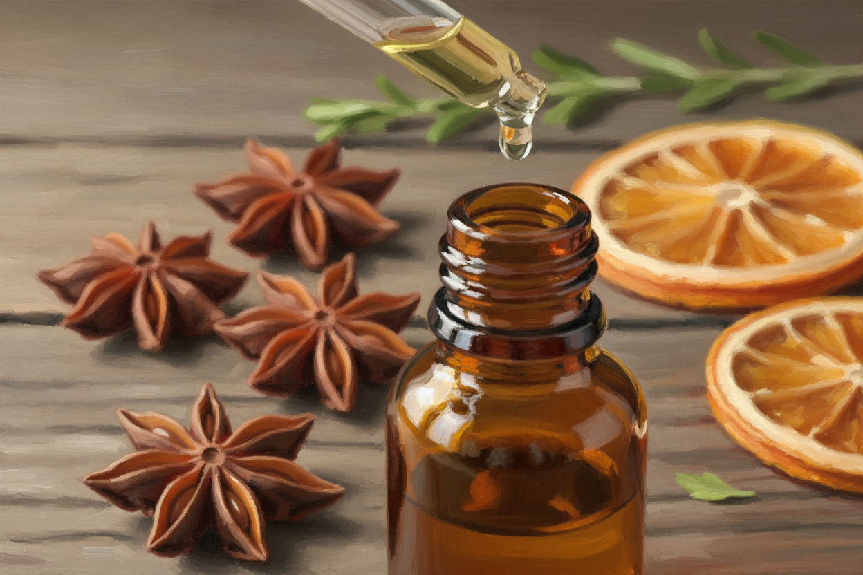 oil dropper dropping essential oils into an amber colored bottle with star anise in the background